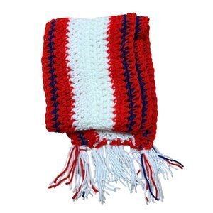 NEW Handmade Crochet Red White & Blue Striped Scarf With Fringe Edges